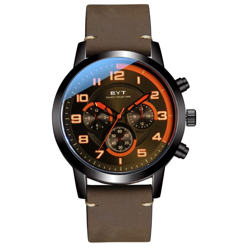 RELÓGIO MOD D6832G CAIXA PRETA, MOSTRADOR PRETO, PULSEIRA MARROM ESCURO