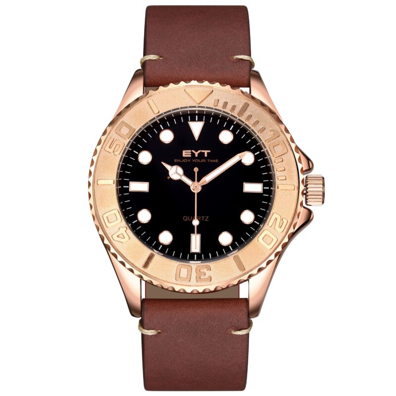 RELÓGIO MOD D6838G CAIXA OURO ROSA, MOSTRADOR PRETO, PULSEIRA MARROM ESCURO