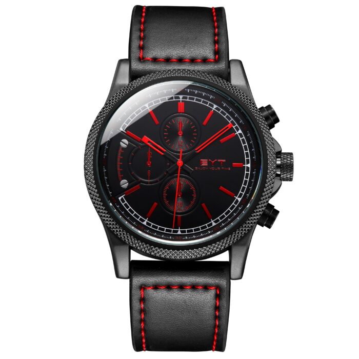 RELÓGIO MOD D6829G CAIXA PRETA, MOSTRADOR PRETO, ÍNDICE VERMELHO, PULSEIRA PRETA COM COSTURA PRETA