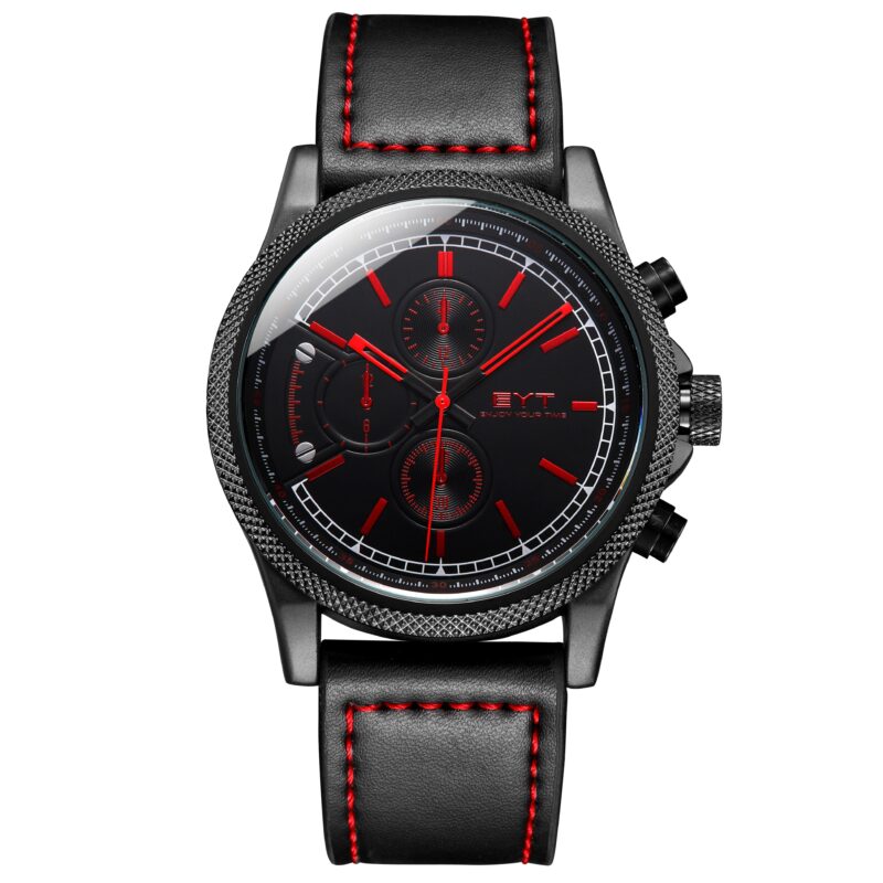 RELÓGIO MOD D6829G CAIXA PRETA, MOSTRADOR PRETO, ÍNDICE VERMELHO, PULSEIRA PRETA COM COSTURA PRETA